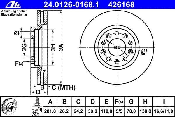 ATE 24.0126-0168.1 TARCZA HAMULCOWA PRZÓD ALFA ROMEO GIULIETTA 10-