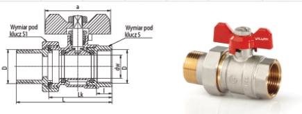 Valvex Kurek kulowy ORO 3/4, z dławikiem, z półśrubunkiem, z motylkiem, wersja N
