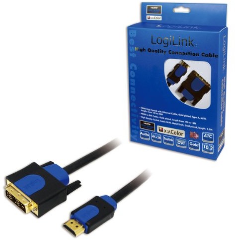 LogiLink CHB3102 przewód HDMI High Speed   z Ethernet (V1.4) to DVI (18 + 1), MALE/MALE (złoto), czarny, 2 m, Colour Box ze złotym logo 4260113573013