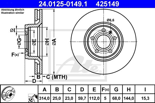 ATE TARCZA HAM 24.0125-0149.1 AUDI A6 2.0TDI, 2.0TFSI, 2.4 QUATTRO 05-, 2.7TDI 04-  24.0125-0149.1