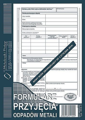 Michalczyk&Prokop FORMULARZ PRZYJĘCIA ODPADÓW METALI