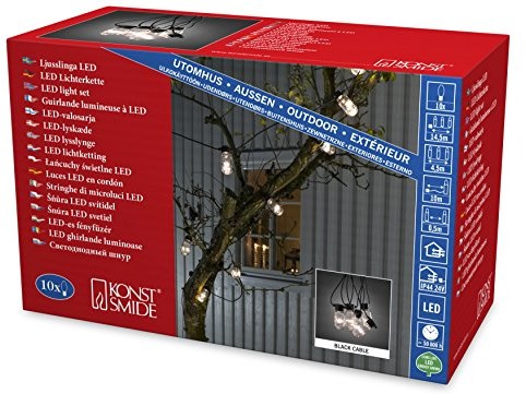 Konstsmide 2385 100 żarówka LED łańcuch świetlny/na zewnątrz (IP44)/zewnętrzny transformator 24 V/10 wyraźne ogródka piwnego/80 ciepło białych diod/czarny przewód (2385-100EE)