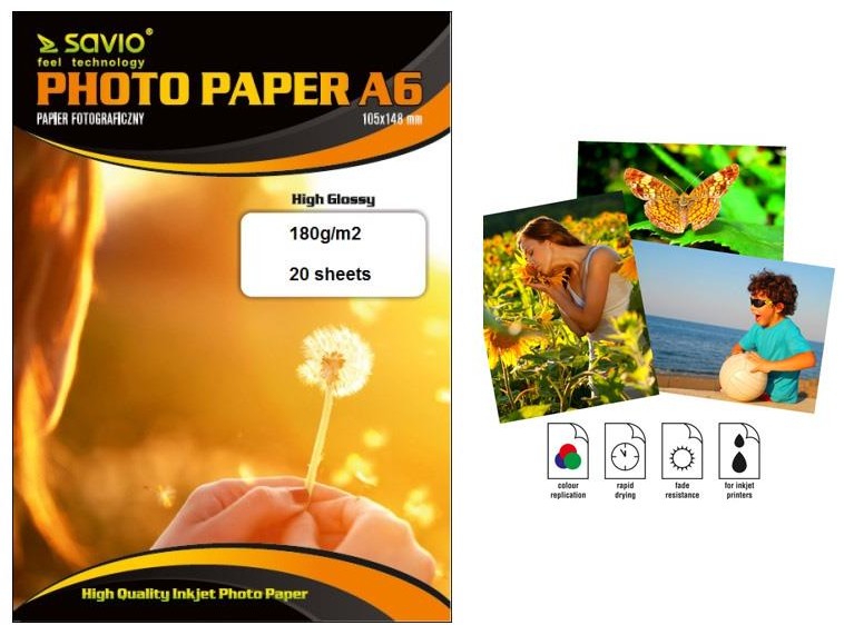 Savio Papier fotograficzny PA-01 A6 180g/m2 20szt błysk