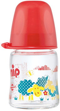 NIP Butelka szklana 120ml Owieczka kolor czerwony Girl ze smoczkiem silikonowymr