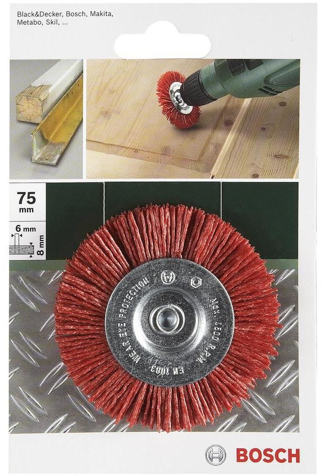 Bosch Szczotki tarczowe do wiertarek drut nylonowy z korundowym materiałem ściernym K80 75 mm 75 mm Drut nylonowy trzonka 6 mm 2609256535 1
