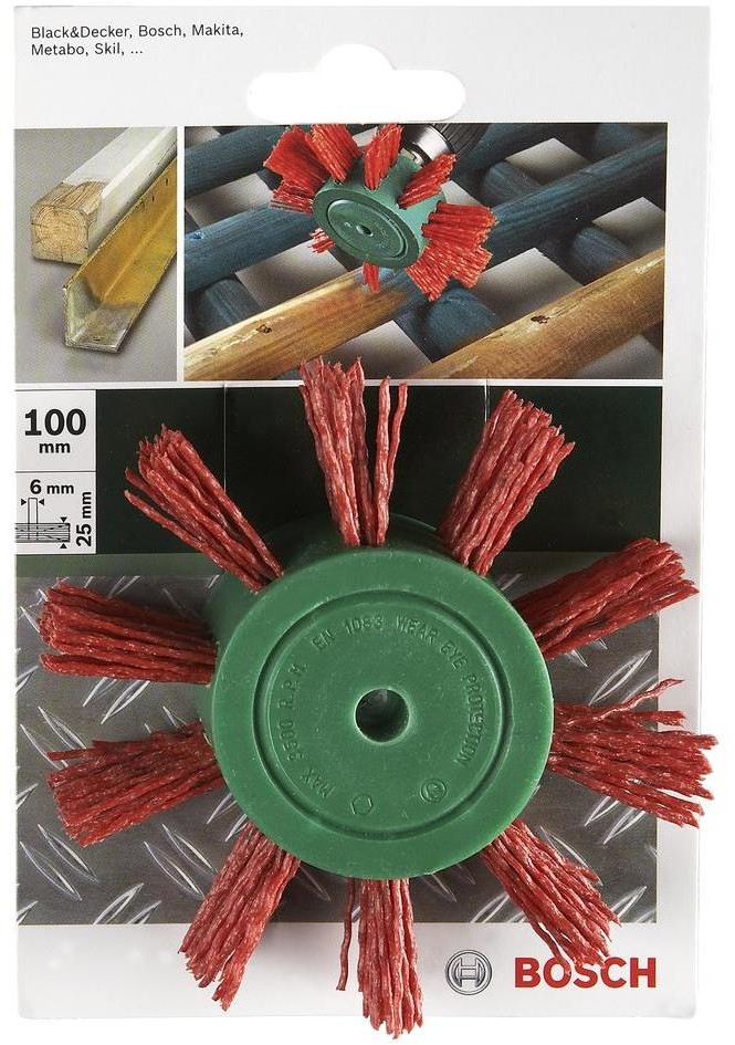 Bosch Szczotka listkowa do wiertarek drut nylonowy z korundowym materiałem ściernym K80 100 mm 100 mm Drut nylonowy trzonka 6 mm 2609256543 1 szt