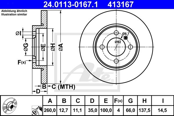 ATE TARCZA HAM 24.0113-0167.1 BMW E30 316I, 318I 87-91  24.0113-0167.1