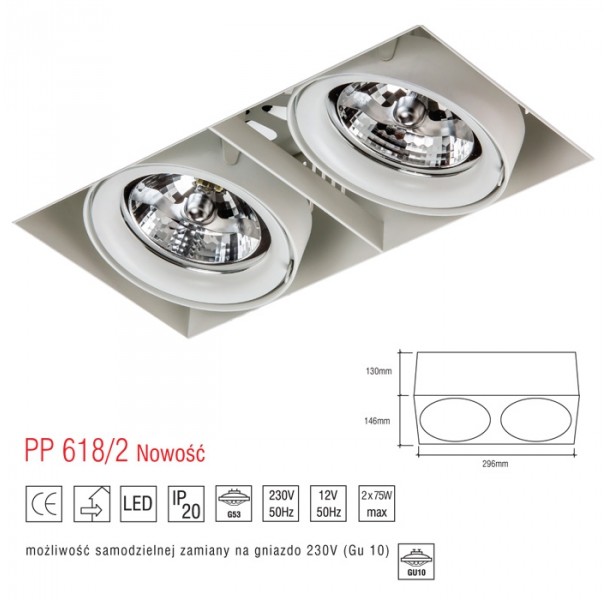 Light&More LM 618/2 OPRAWA HALOGENOWA LED WPUSZCZANA OCZKO BEZRAMKOWA REGULOWANA BIAŁY ES111 QR111 AR111 GU10 G53
