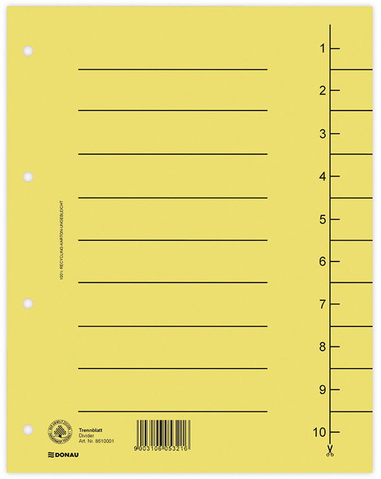 Donau Przekładka , karton, A4, 235x300mm, 1-10, 1 karta, żółta 8610001-11