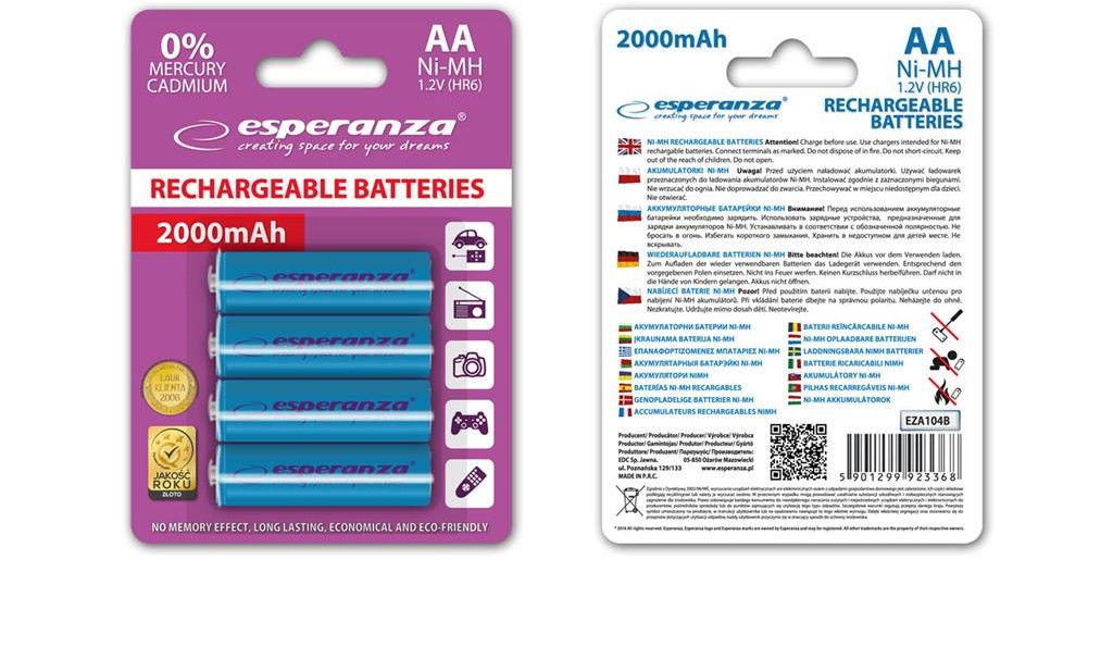 Esperanza EZA104B Akumulatorki Ni-MH AA 2000MAH -4 SZTUKI - NIEBIESKIE EZA104B - 5901299923368