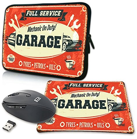 Pedea Design pokrowiec na notebooka z ekranem o przekątnej do 15,6 cala (39,6 cm) z dołączoną podkładką pod mysz i myszą bezprzewodową, motyw Garage (warsztat samochodowy) 4048466917964