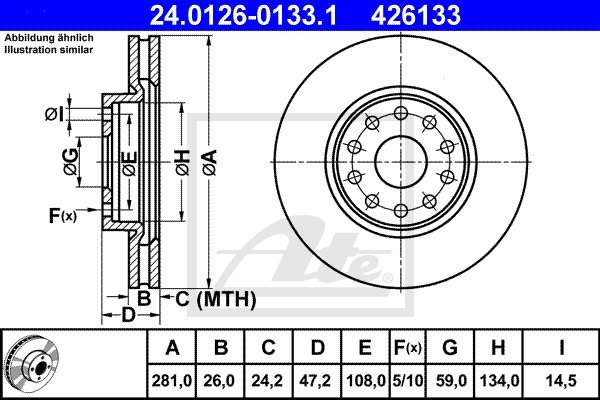 ATE TARCZA HAM 24.0126-0133.1 ALFA 166 2.0 T.S. 98-00, 2.4JTD 98-00/ LANCIA KAPPA 2.0 20V 96-01  24.0126-0133.1
