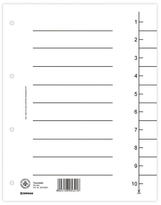 Donau Przekładka , karton, A4, 235x300mm, 1-10, 1 karta, biała 8610001-09