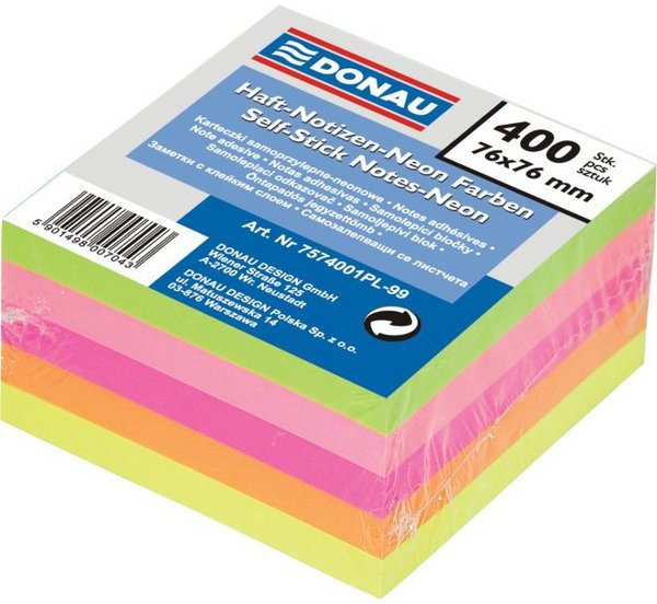 Donau Notes samoprzylepny 76 X 76 mm NEON 400 KARTEK