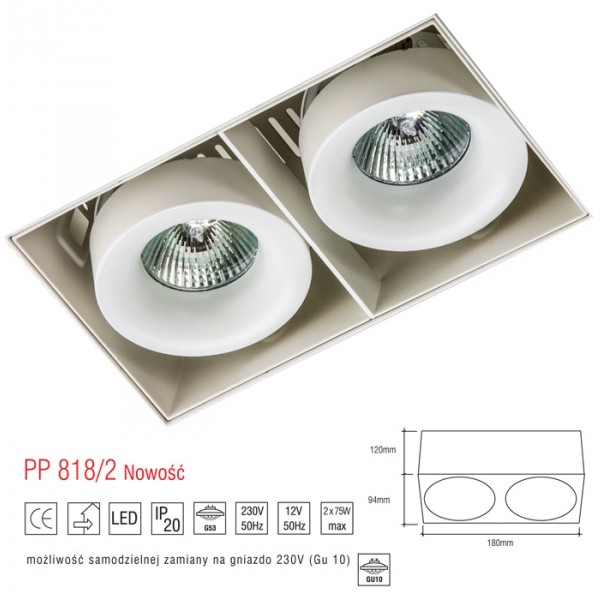 Light&More LM 818/2 OPRAWA HALOGENOWA LED WPUSZCZANA OCZKO BEZRAMKOWA REGULOWANA BIAŁY MR16 GU10 GU5,3