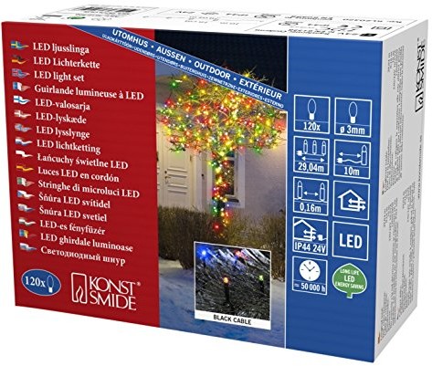 Konstsmide 3612 500 Micro LED łańcuch świetlny/na zewnątrz (IP44)/VDE/zewnętrzny transformator 24 V/120 kolorowe diody/czarny przewód (3612-500)