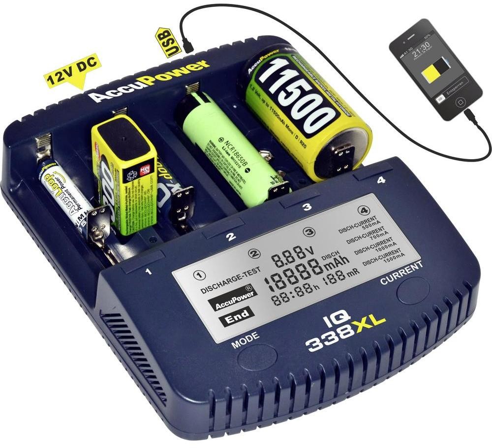 AccuPower Ładowarka do akumulatorków IQ338XL 34354 10440 14500 16340 16650 17355 17500 17670 18490 18500 18650 22650 26650 26500 AAA AA C D A CR-123A Sub-C 9 V