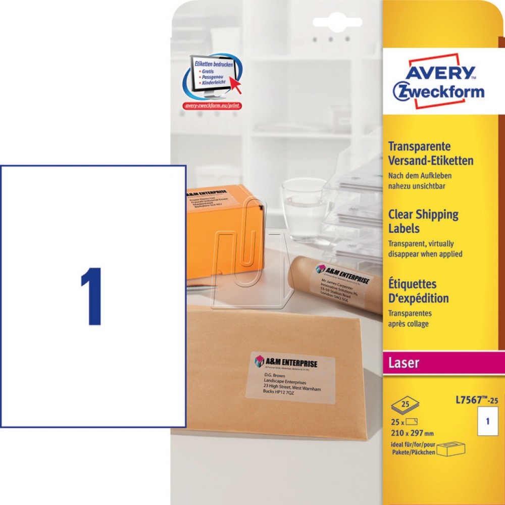 Avery Zweckform Etykiety wysyłkowe do drukarek laserowych przeźroczyste 210 x 297mm 25 arkuszy A