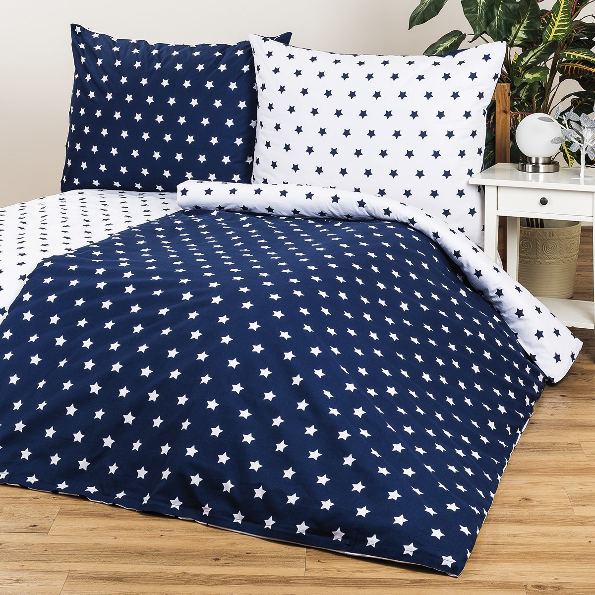 4Home pościel bawełniana Stars Navy blue, 220x200 cm, 2 szt. 70x90 cm, 220x200 cm, 2 szt. 70x90 cm