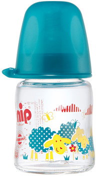 NIP Butelka szklana 120ml Owieczka kolor turkusowy Boy ze smoczkiem silikonowymr