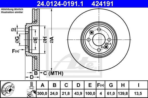 ATE TARCZA HAM 24.0124-0191.1 RENAULT GRAND SCENIC 1.5DCI, 1.6, 1.9DCI 04-, SCENIC II 1.5DCI 07-  24.0124-0191.1