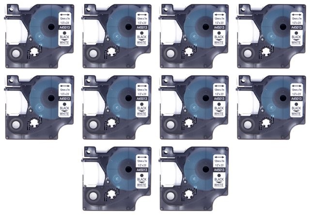 Aimotech Taśma 10-pak zamiennik do Dymo 12mm/7m biała czarny nadruk D1 10x45013 10xS0720530 10xA45013