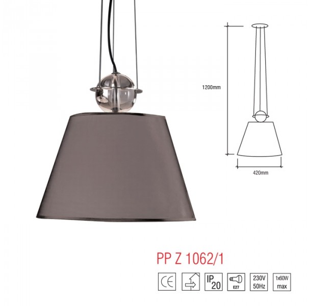 Light&More LM Z 1062/1 GREY LAMPA WISZĄCA ŻYRANDOL 40 CM METAL CHROM ABAŻUR MATERIAŁ SZARY SZKŁO E27 LED