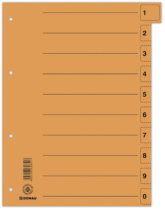 Donau Przekładka , karton, A4, 235x300mm, 0-9, 1 karta z perforacją, pomarańczowa