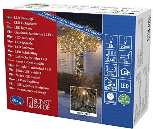 Konstsmide 3611-800 łańcuch świetlny mikro LED, zewnętrzny IP44, certyfikat VDE, 80 żółtych diod, kabel czarny, 24 V