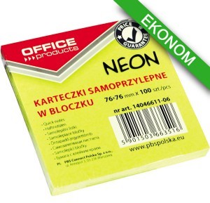 Office products PBS Bloczek samop. , 76x76mm, 1x100 kart., neon, żółty PB818-6