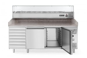 Hendi Stół chłodniczy do pizzy 2-drzwiowy z 7 szufladami z nadstawą i blatem