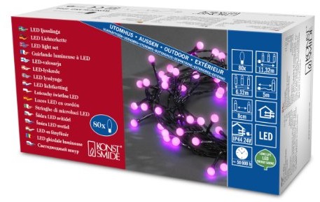 Konstsmide 3691 457 lampa Globe LED łańcuch świetlny z okrągłymi diod zewnętrzny transformator/na zewnątrz (IP44)/24 V/80 purpurfarbenen diody/czarny przewód 3691-457EE