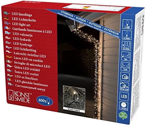 Konstsmide 3644 110 Micro LED łańcuch świetlny/na zewnątrz (IP44)/VDE/zewnętrzny transformator 24 V/400 ciepłe białe diody/czarny przewód (3644-110)