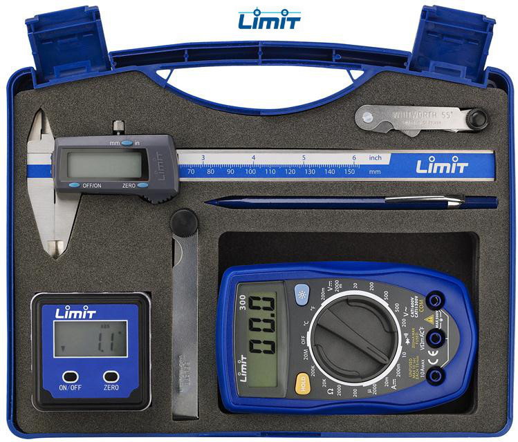 LIMIT Zestaw pomiarowy multimetr + suwmiarka + szczelinomierz + poziomica elektr (230590101)