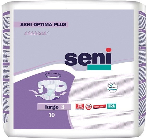 Seni Pieluchomajtki Optima Plus z regulowanym pasem biodrowym L 10szt.