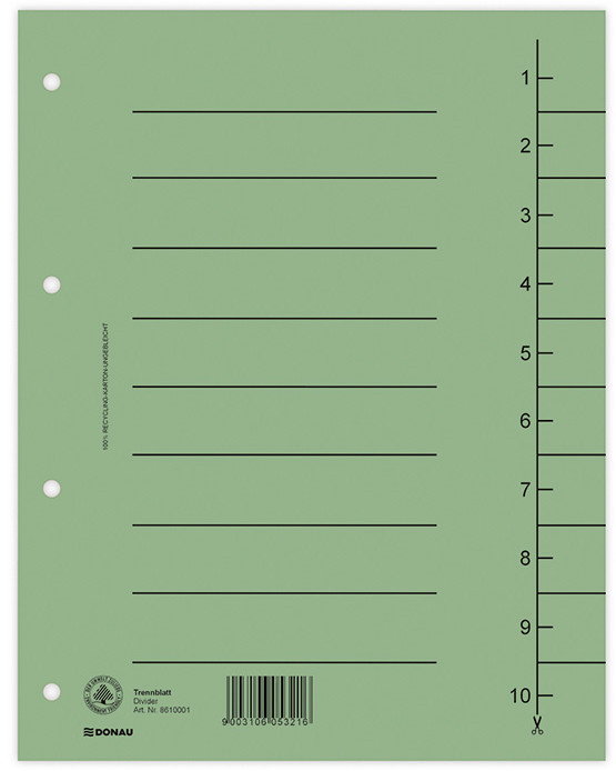 Donau Przekładka , karton, A4, 235x300mm, 1-10, 1 karta, zielona 8610001-06