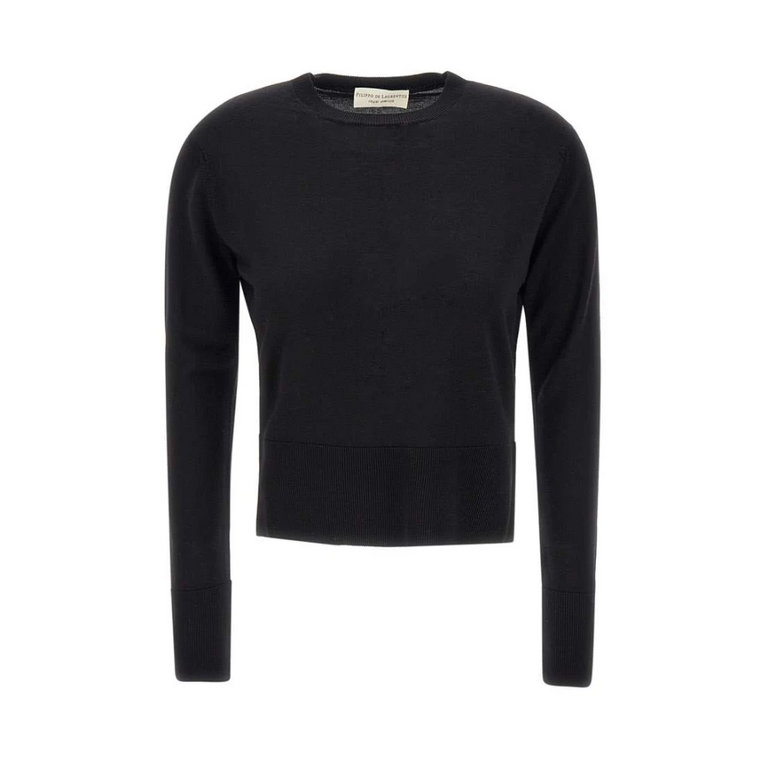 Czarny sweter z wełny dla kobiet, długie rękawy, okrągły dekolt Filippo De Laurentiis