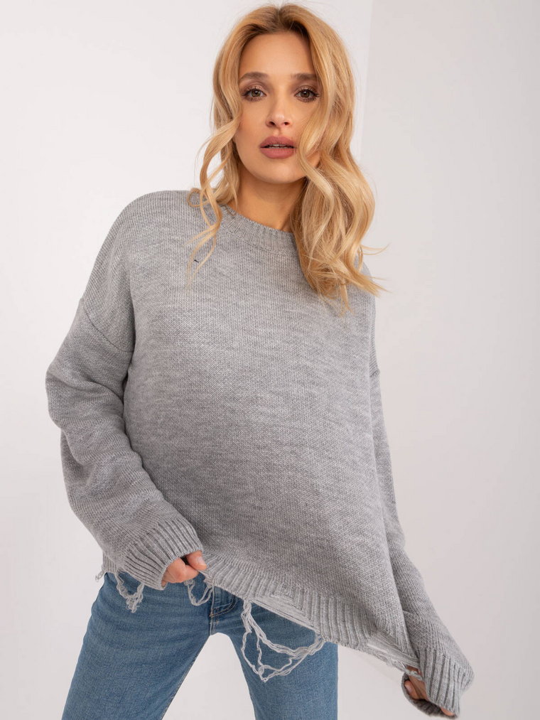 Sweter oversize szary casual dekolt okrągły rękaw długi dziury