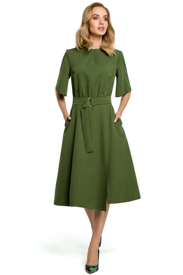Zielona Rozkloszowana Sukienka z Poszerzanym Rękawem do Łokcia