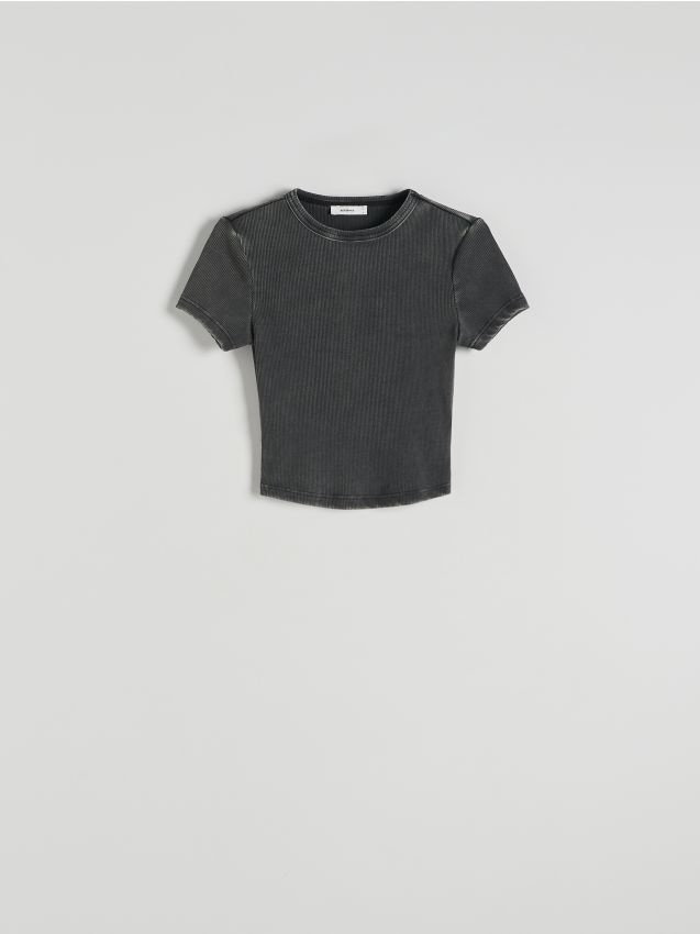 Reserved - Bawełniany t-shirt w prążek - ciemnoszary
