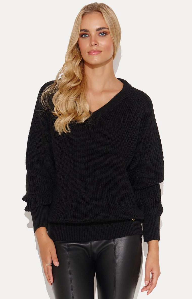 Sweter oversize z dekoltem w serek czarny S140, Kolor czarny, Rozmiar one size, Makadamia
