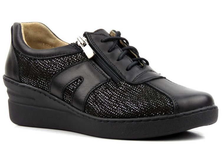 Skórzane sneakersy, półbuty damskie Helios Komfort 377, czarne ze srebrem