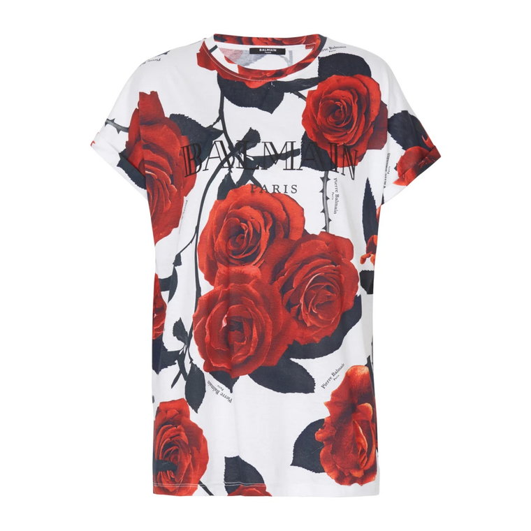 Wintage T-shirt z nadrukiem czerwonych róż Balmain