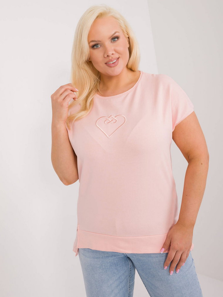 Bluzka plus size brzoskwiniowy casual codzienna dekolt okrągły rękaw krótki naszywki