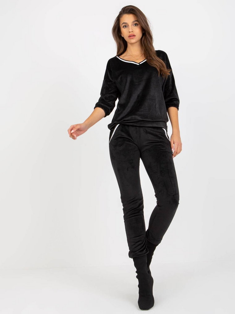 Komplet welurowy czarny casual bluza i spodnie dekolt w kształcie V rękaw 3/4 nogawka ze ściągaczem długość długa