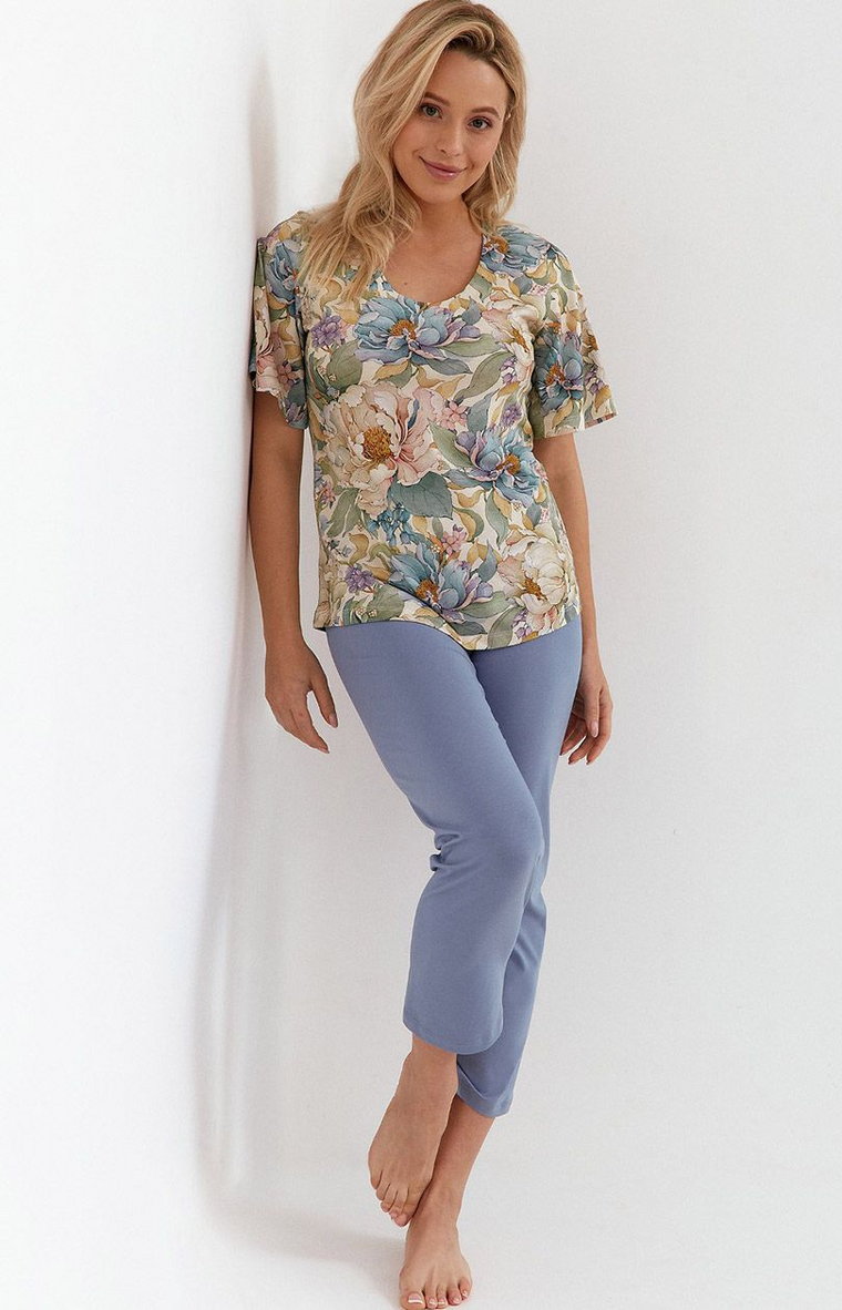 Bawełniana piżama damska w kwiaty 265, Kolor niebiesko-zielono-biały, Rozmiar S, Cana
