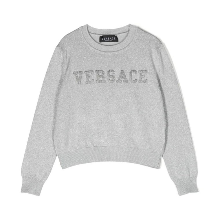Srebrny sweter z haftowanym logo Versace