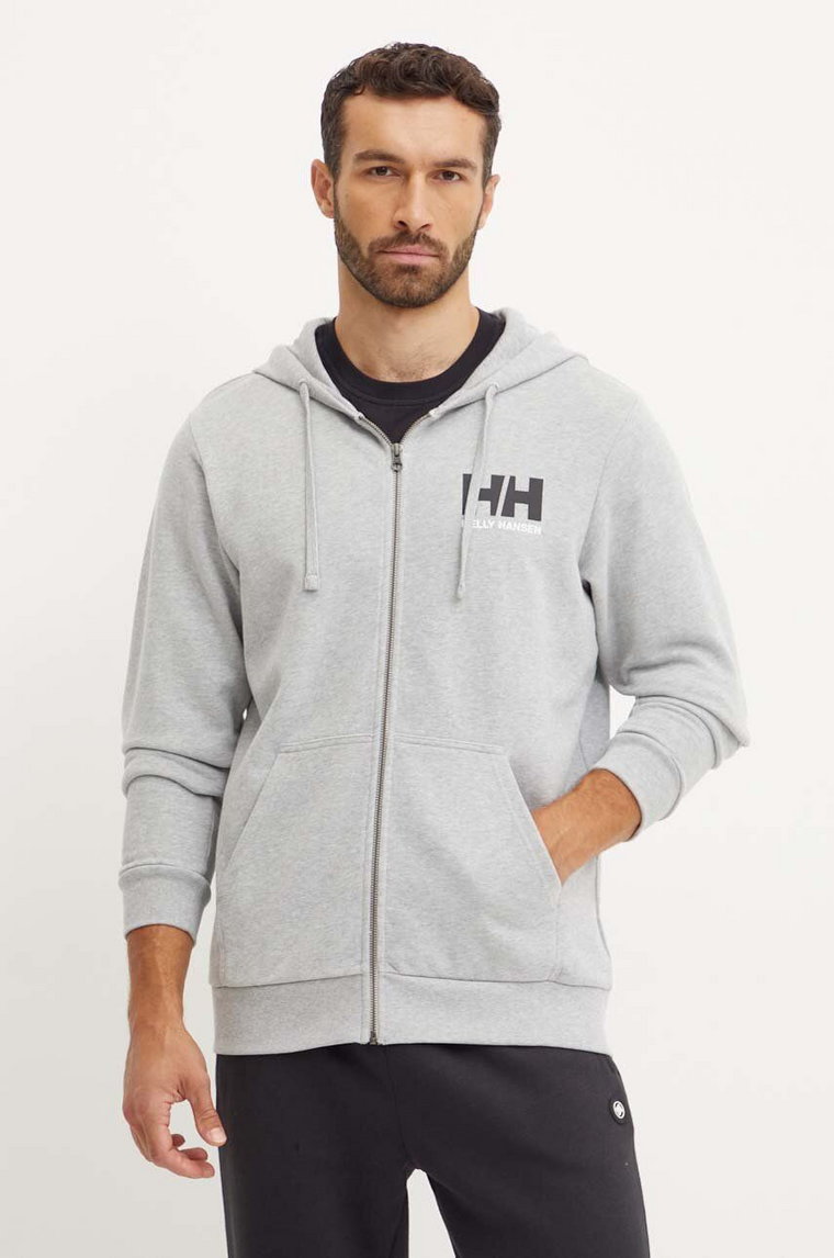 Helly Hansen bluza bawełniana HH LOGO męska kolor szary z kapturem z nadrukiem 30393