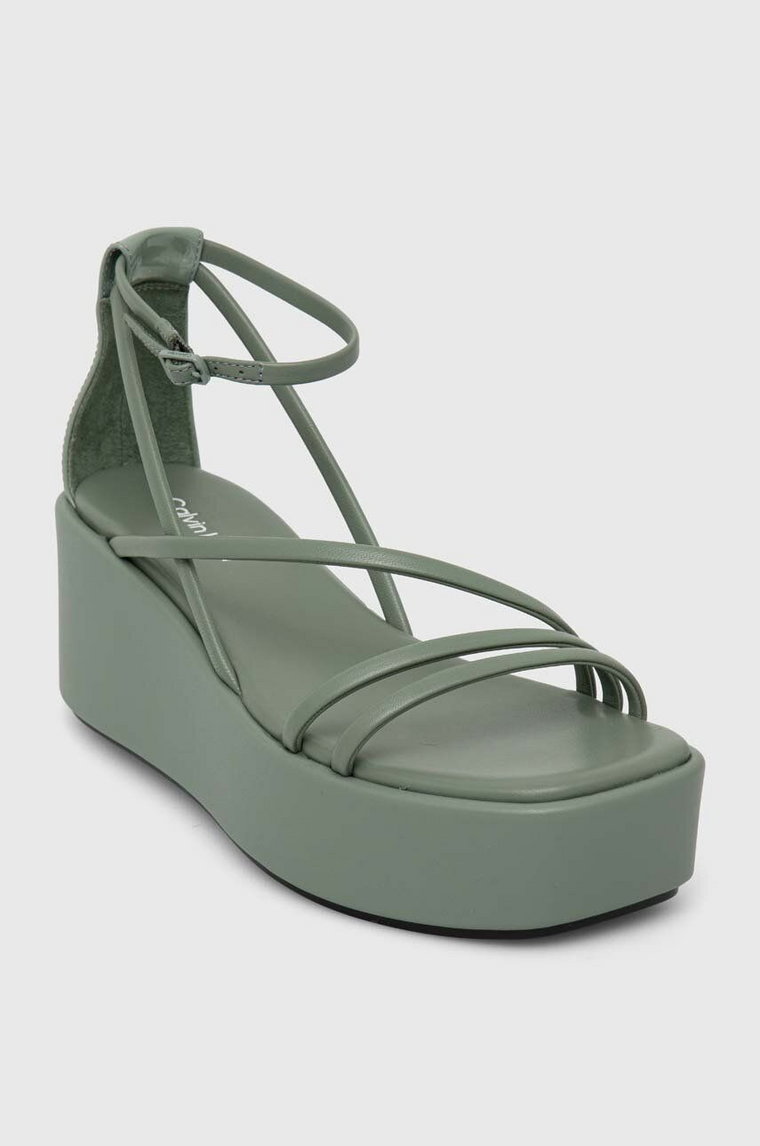 Calvin Klein sandały skórzane WEDGE SANDAL 30 LTH damskie kolor zielony na platformie HW0HW01949