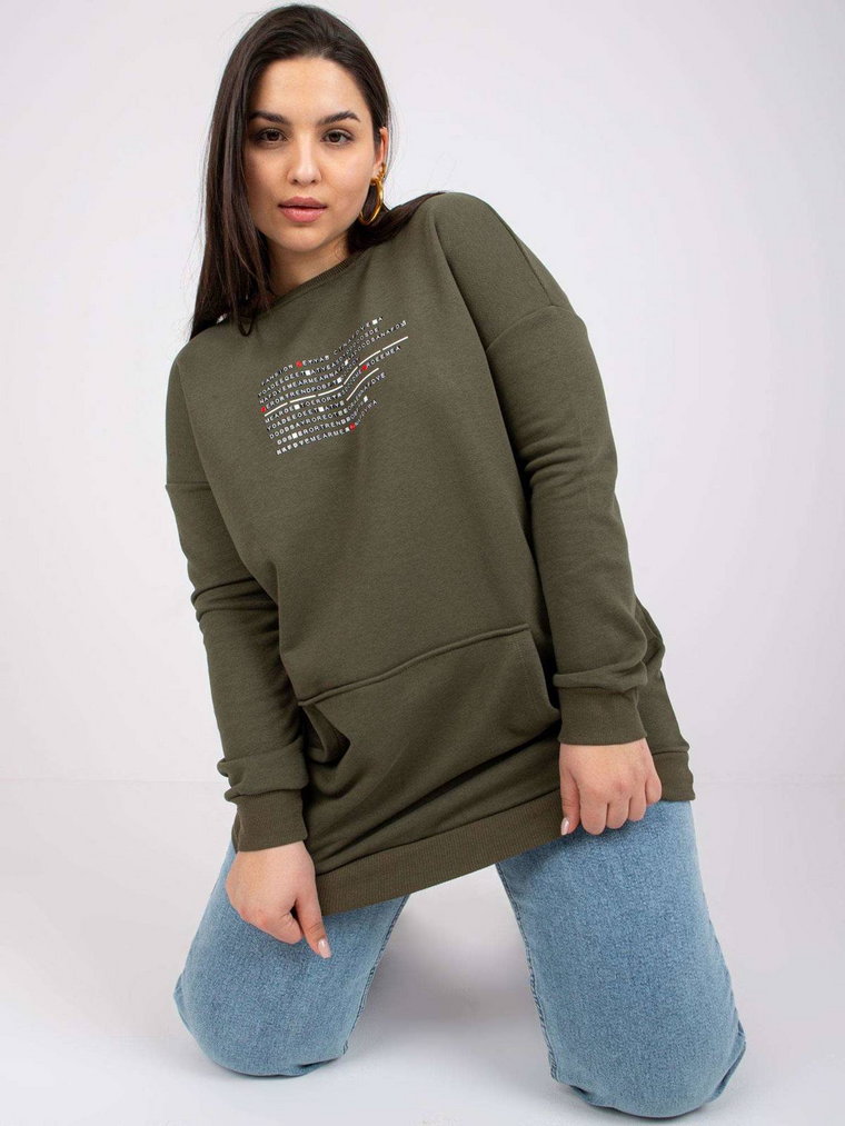 Bluza plus size khaki casual dekolt okrągły rękaw długi długość długa